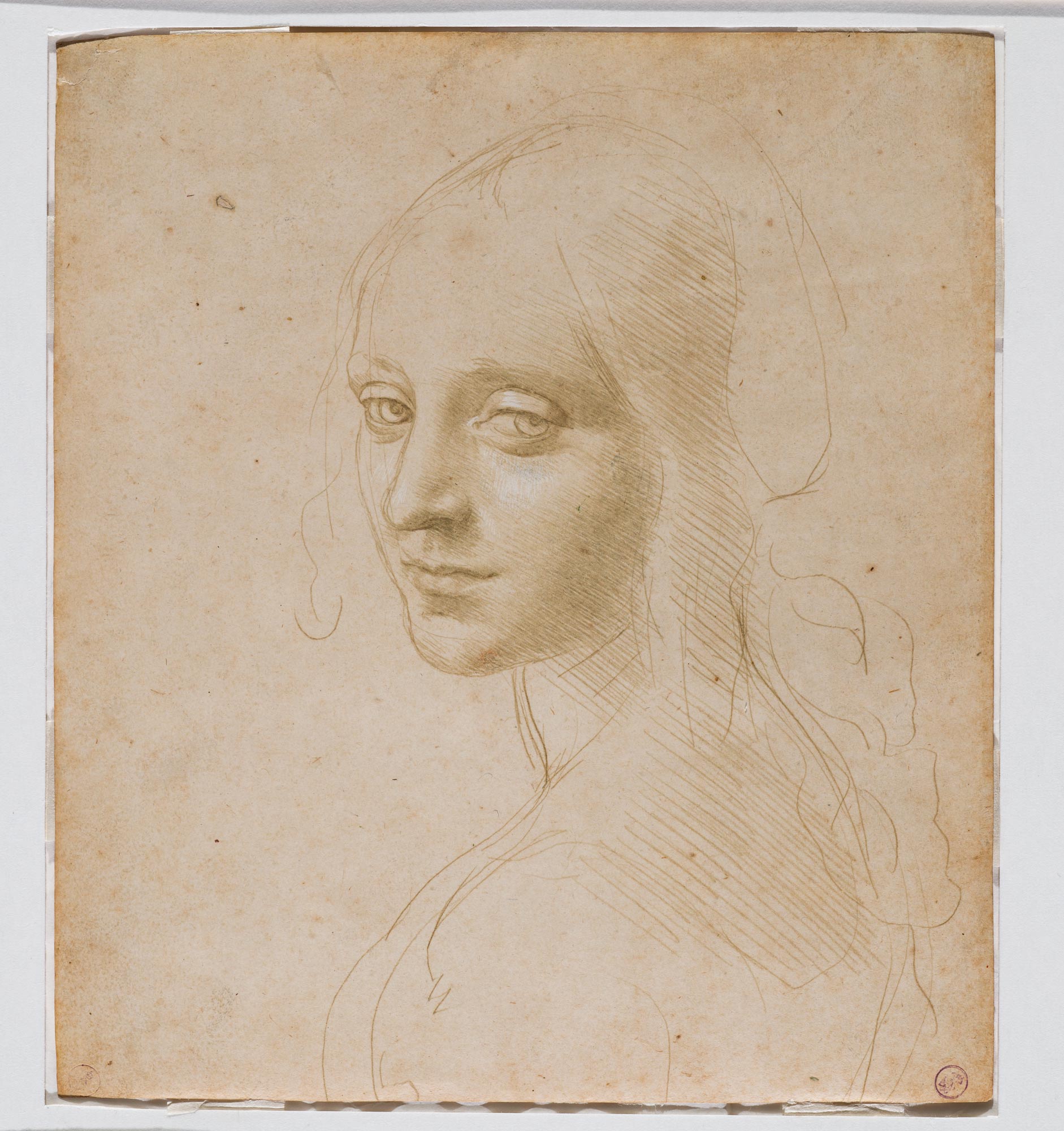 Leonardo da Vinci, Volto di fanciulla (studio per l’angelo della “Vergine delle Rocce”) (1483-1485 circa; punta metallica e lumeggiature di biacca su carta preparata, 182x160 mm; Torino, Musei Reali-Biblioteca Reale, Dis. It. Scat. 1/19; 15572. D.C.)