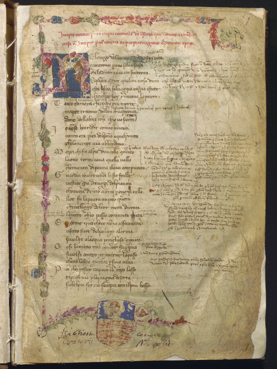 Divina Commedia nota come Dante Filippino, Incipit (1355-1360 circa; pergamena, 276 x 191 mm; Napoli, Biblioteca Statale Oratoriana dei Girolamini, CF 2.16, c. 1r)