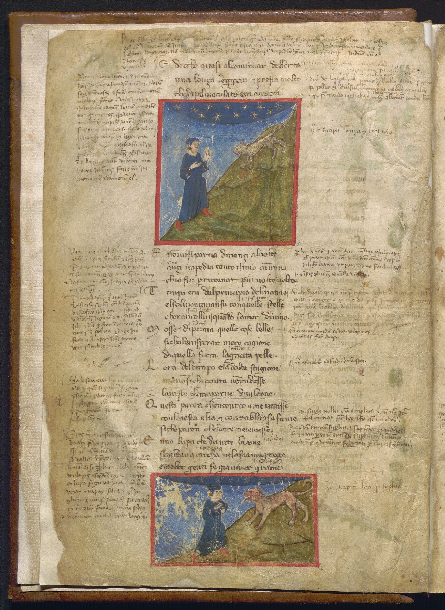 Divina Commedia nota come Dante Filippino, La lonza (1355-1360 circa; pergamena, 276 x 191 mm; Napoli, Biblioteca Statale Oratoriana dei Girolamini, CF 2.16, c. 1v)