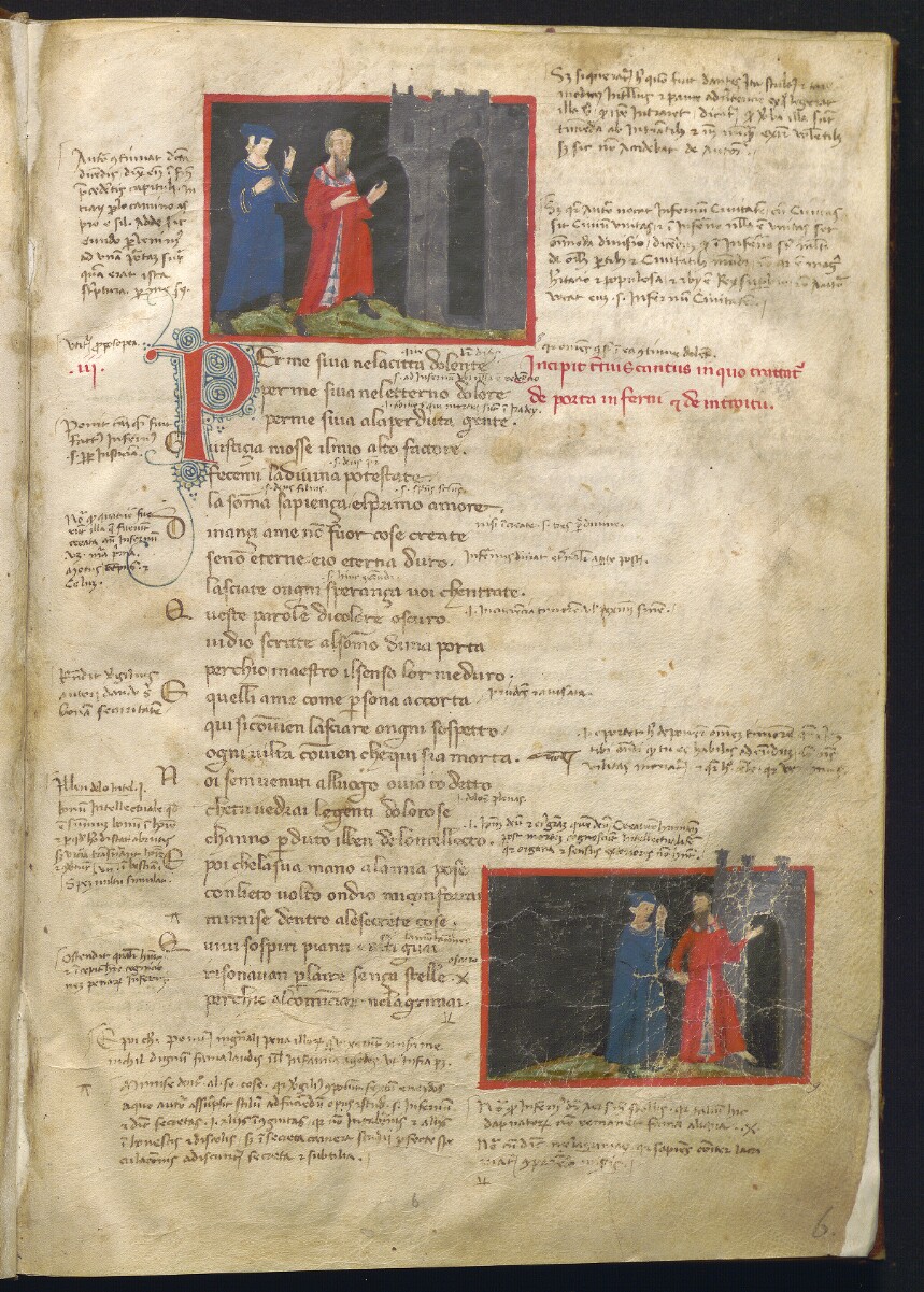 Divina Commedia nota come Dante Filippino, Porta dell'Inferno (1355-1360 circa; pergamena, 276 x 191 mm; Napoli, Biblioteca Statale Oratoriana dei Girolamini, CF 2.16, c. 6r)