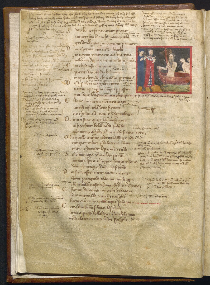 Divina Commedia nota come Dante Filippino, Caronte (1355-1360 circa; pergamena, 276 x 191 mm; Napoli, Biblioteca Statale Oratoriana dei Girolamini, CF 2.16, c. 7v)
