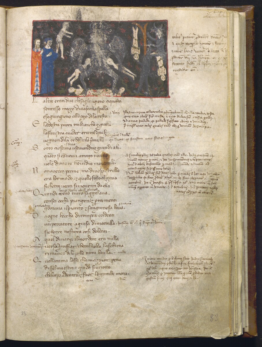 Divina Commedia nota come Dante Filippino, Lucifero (1355-1360 circa; pergamena, 276 x 191 mm; Napoli, Biblioteca Statale Oratoriana dei Girolamini, CF 2.16, c. 83r)