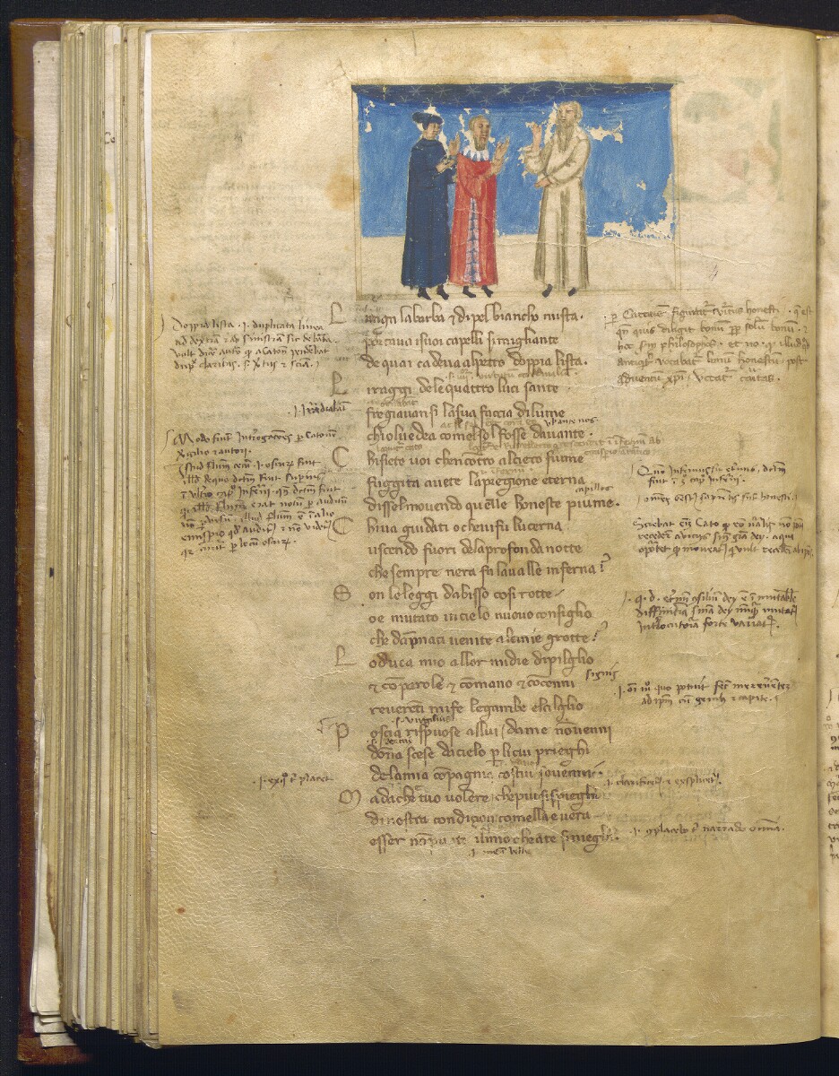 Divina Commedia nota come Dante Filippino, Catone (1355-1360 circa; pergamena, 276 x 191 mm; Napoli, Biblioteca Statale Oratoriana dei Girolamini, CF 2.16, c. 87v)
