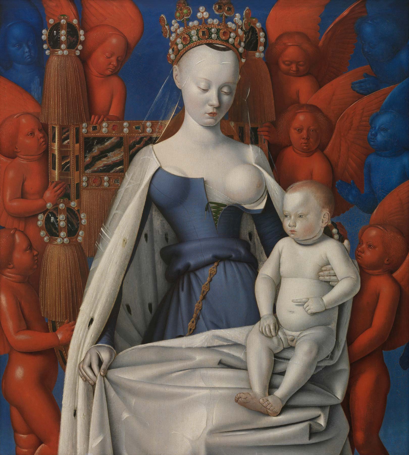 Jean Fouquet, Madonna col Bambino circondata da angeli (1450 circa; olio su tavola, 92 x 83,5 cm; Anversa, Museo Reale di Belle Arti)