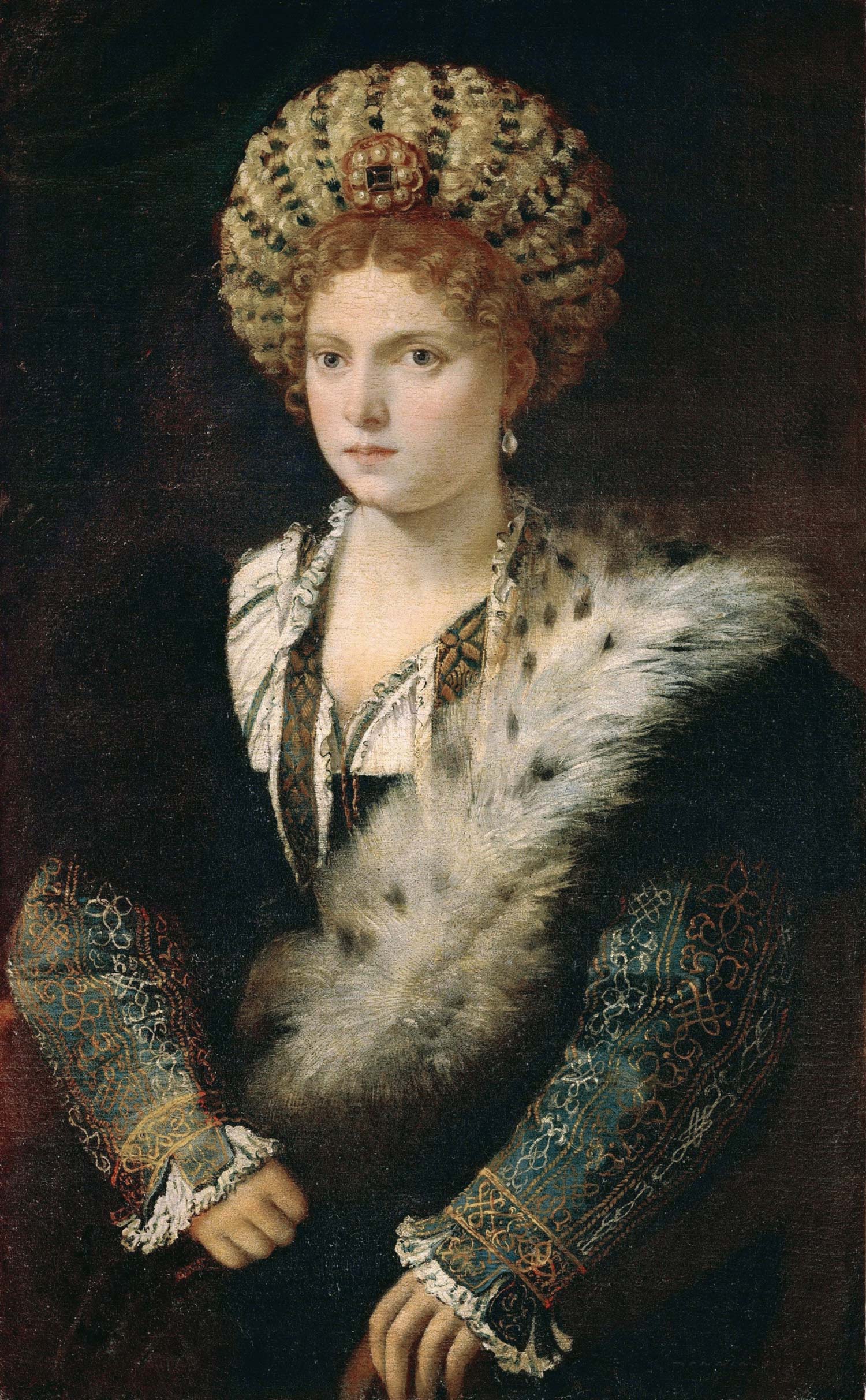 Tiziano, Ritratto di Isabella d'Este in nero (1530-1539; olio su tela, 102 x 64 cm; Vienna, Kunsthistorisches Museum)