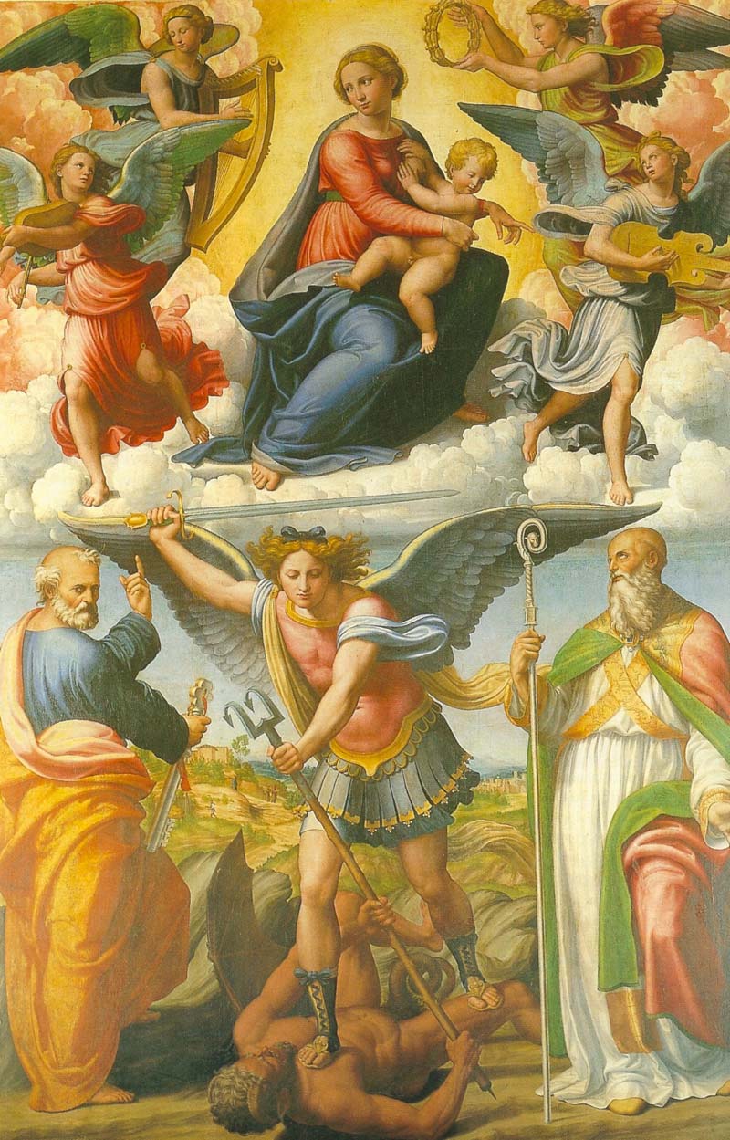 Innocenzo Francucci da Imola, Madonna con il Bambino in gloria e i santi Michele Arcangelo, Pietro e Benedetto, pala per San Michele in Bosco (1522 circa; olio su tela, 397 x 258 cm; Bologna, Pinacoteca Nazionale)