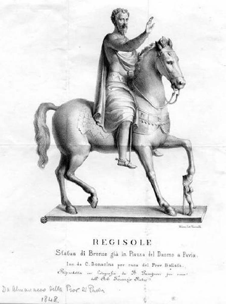 Basilio Pampuri su disegno di Cesare Augusto Bonacina, Statua del Regisole (1840 circa; stampa, 140 x 230 mm; Milano, Civiche Raccolte Grafiche e Fotografiche, Civica Raccolta delle Stampe Achille Bertarelli)