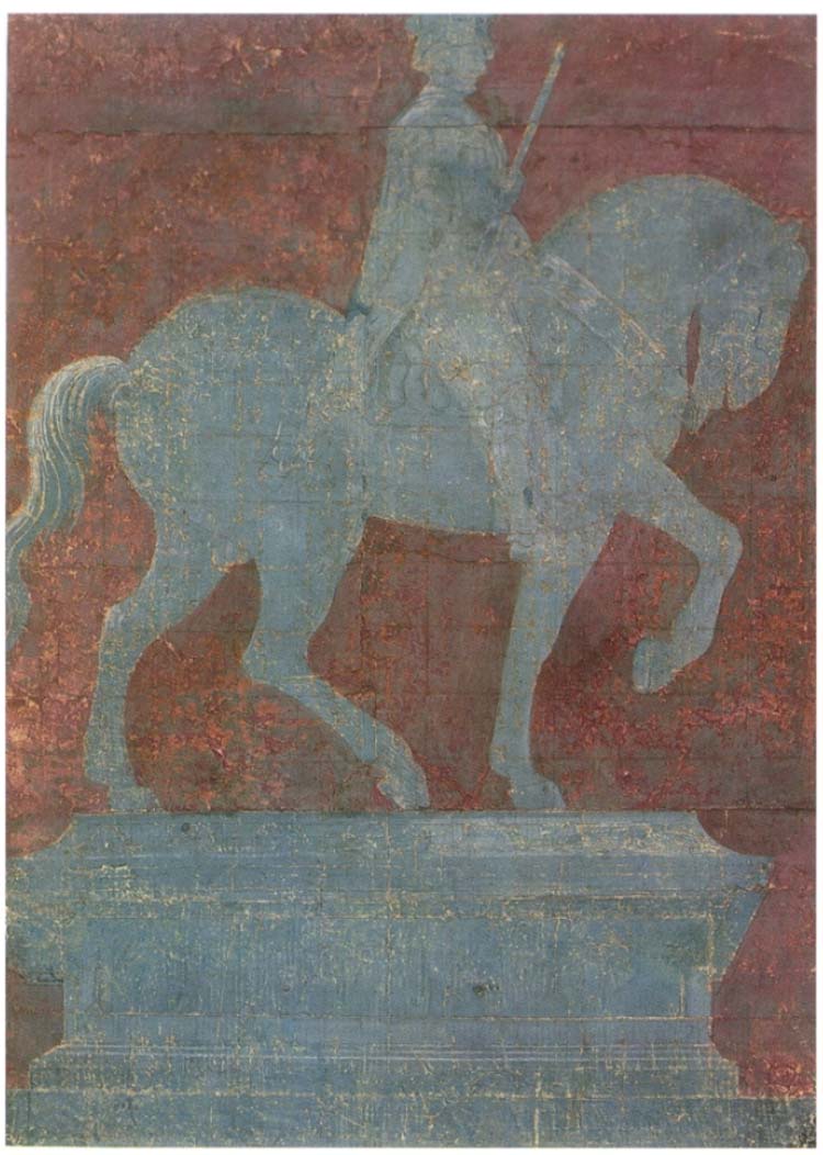 Paolo Uccello, Cartonetto per il monumento equestre a Giovanni Acuto (1436; disegno a punta d'argento e tempera con lumeggiature di biacca, su carta preparata, quadrettata, 460 x 330 mm; Firenze, Gallerie degli Uffizi, Gabinetto dei Disegni e delle Stampe, inv. 31F)