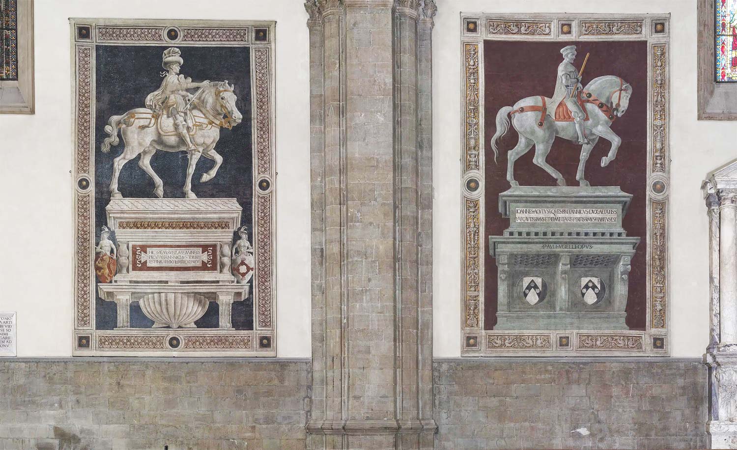 Paolo Uccello, il Monumento equestre a Giovanni Acuto nella Cattedrale di Santa Maria del Fiore vicino al Monumento equestre a Niccolò da Tolentino di Andrea del Castagno