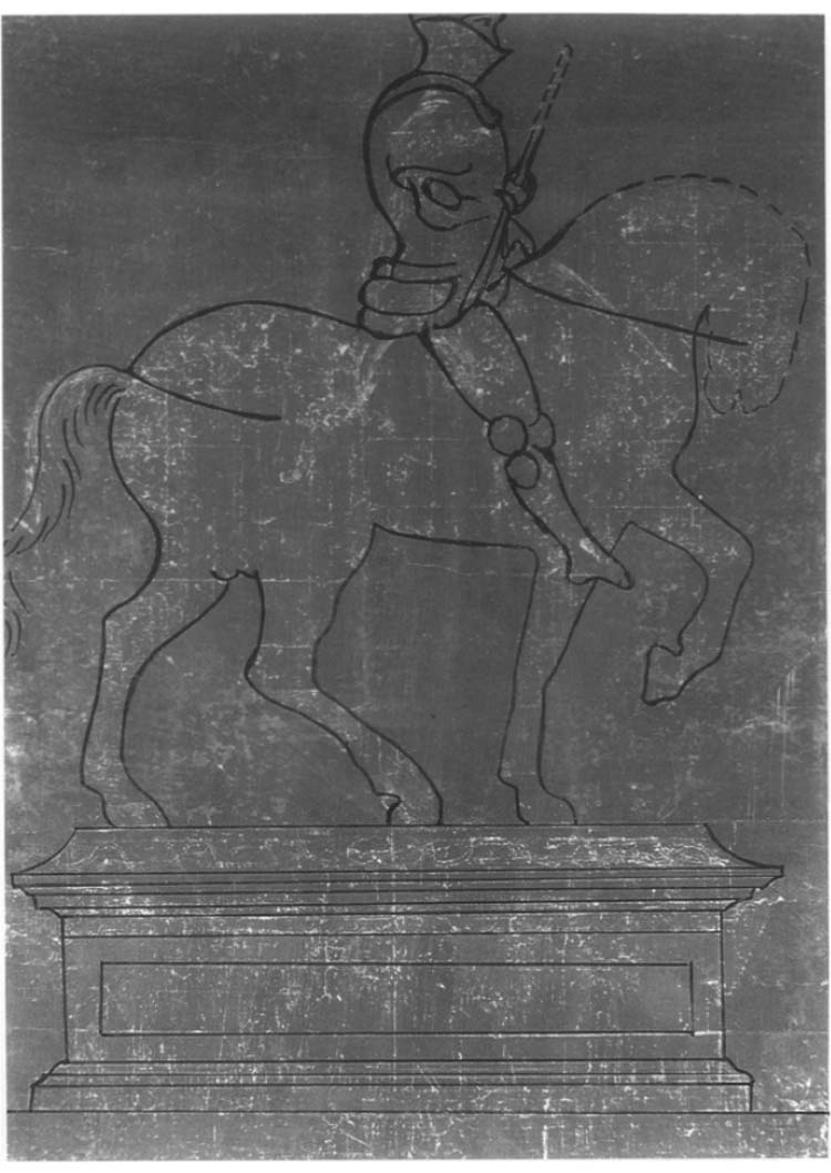 Ricostruzione grafica del disegno sottostante al cartonetto degli Uffizi, con la prima versione del monumento, realizzato sulla fluorescenza UV (elaborazione di Lorenza Melli)
