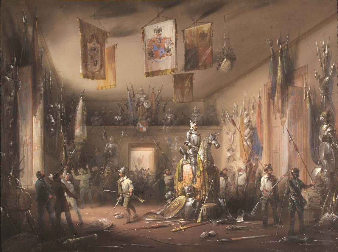 Carlo Bossoli, L’assalto all’armeria del nobile Uboldo da parte degli insorti milanesi il 19 marzo 1848 (tempera su carta, 53,50 x 72,50 cm; Milano, Museo del Risorgimento)