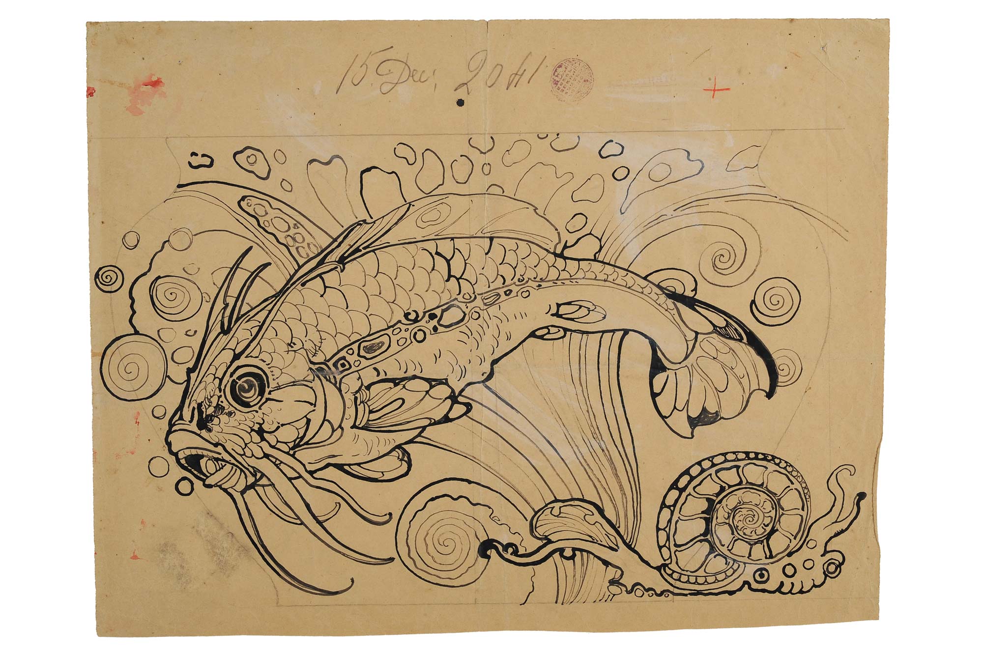 Galileo Chini, Estudio para decoración con siluro (c. 1906 - 1912, tinta sobre papel, Colección particular)