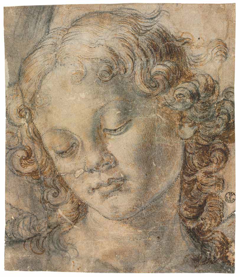 Andrea del Verrocchio, Testa di giovanetto (1472-1476 circa; carboncino o matita nera, rilavorati dall’artista e da una mano più tarda a penna e inchiostro bruno scuro, qualche acquarellatura bruna a pennello, contorni bucherellati per il trasferimento, con tracce di polvere di matita nera o di carbone, 209 x 181 mm; Firenze, Gallerie degli Uffizi, Gabinetto dei Disegni e delle Stampe, inv. 130 E)