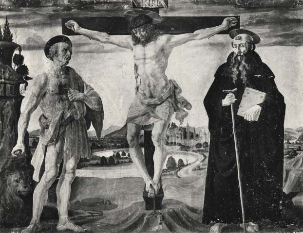 Andrea del Verrocchio (?), Cristo crocifisso tra san Girolamo e sant'Antonio Abate (1465 circa; tavola, 113 x 149 cm; Argiano di San Casciano in Val di Pesa, Santa Maria, rubato nel 1970)