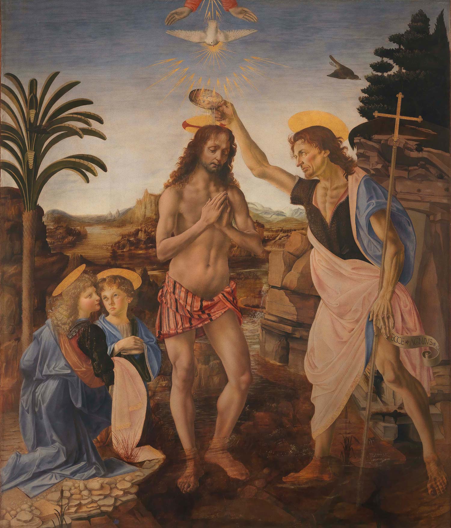 Andrea del Verrocchio e Leonardo da Vinci, Battesimo di Cristo (1470-1475 circa; tempera e olio su tavola, 177 x 151 cm; Firenze, Gallerie degli Uffizi, Galleria delle Statue e delle Pitture, inv. 1890 n. 8358)