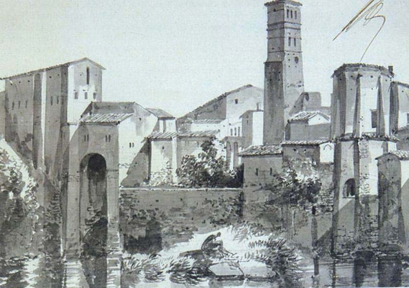 François-Marius Granet, Edifici a Narni (1802 circa; matita e inchiostro grigio su carta, 131 x 175 mm; Aix-en-Provence, Musée Granet)
