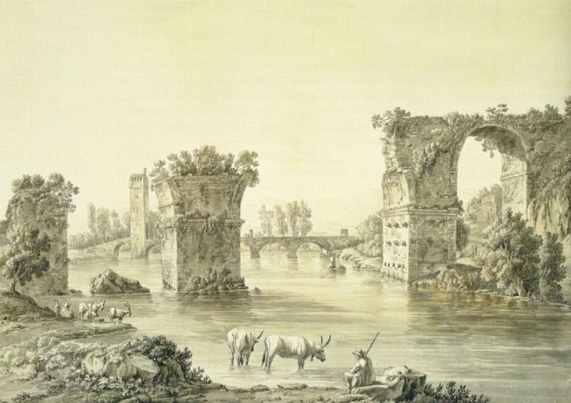 Jacob Philipp Hackert, Il ponte di Augusto (1776 circa; penna, pennello e inchiostro marrone su carta, 391 x 512 mm; Vienna, Akademie der Bildenden Künste, Kupferstichkabinett)