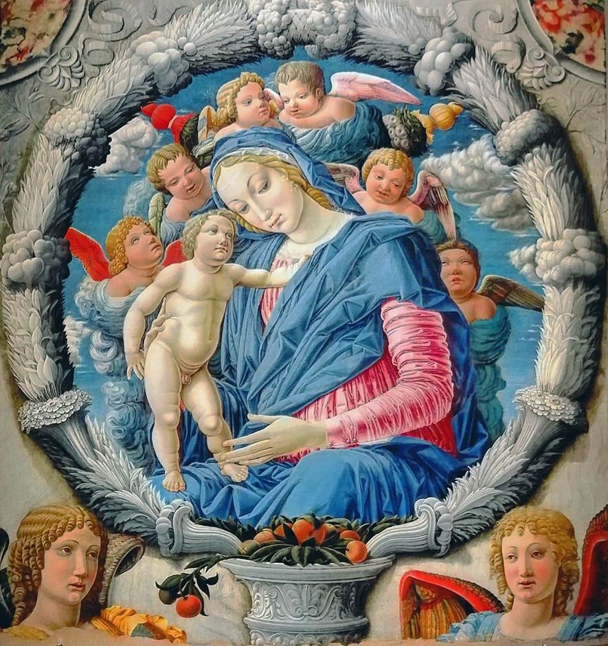 Bartolomeo Caporali, Madonna col Bambino e angeli entro una ghirlanda (1470-1480 circa; tempera e olio su tavola, 91 x 85 cm; Perugia, Galleria Nazionale dell'Umbria)