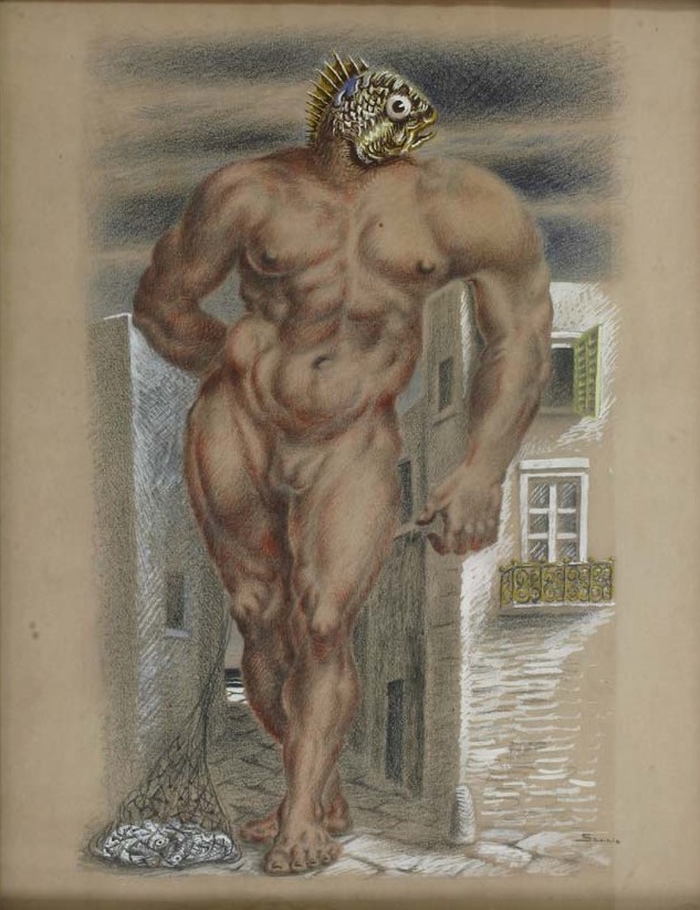 Alberto Savinio, Nettuno pescatore (1932; tempera, carboncino e pastelli su tela, 61,5 x 49 cm; Cosenza, Galleria Nazionale)