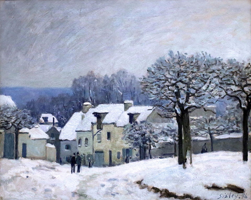 Alfred Sisley, La piazza del canile a Marly, Effetto neve (1876; olio su tela, 50 x 61,5 cm; Rouen, Musée des Beaux-Arts)
