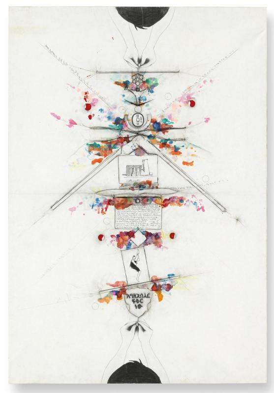 Alighiero Boetti, Attratto da improvviso centro (1987; gouache, inchiostro, grafite su carta applicata su tela, 150 x 100 cm; Parigi, Centre Pompidou)
