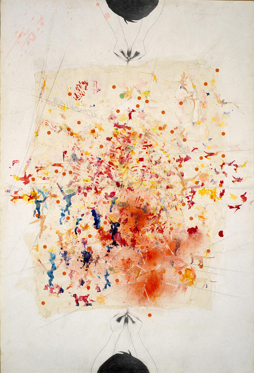 Alighiero Boetti, Per l’amor del cielo (1986; tecnica mista su carta intelata, 150 x 100 cm; Rovereto, Mart)
