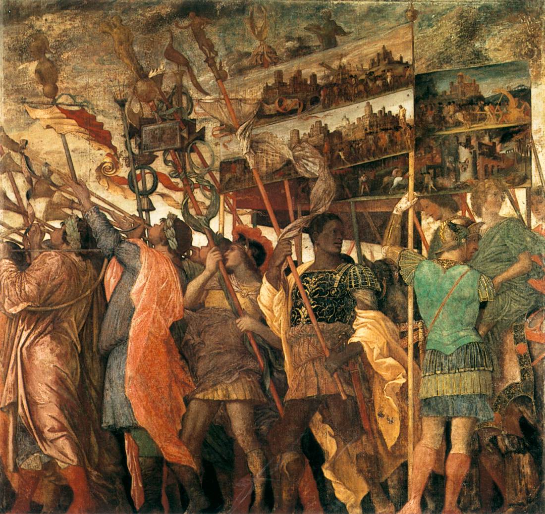 Andrea Mantegna, Trionfi di Cesare, prima scena (1485-1495; tempera su tela, 267 x 278 cm; Hampton Court, Royal Collection)
 Andrea Mantegna, Trionfi di Cesare, prima scena (1485-1495; tempera su tela, 267 x 278 cm; Hampton Court, Royal Collection)