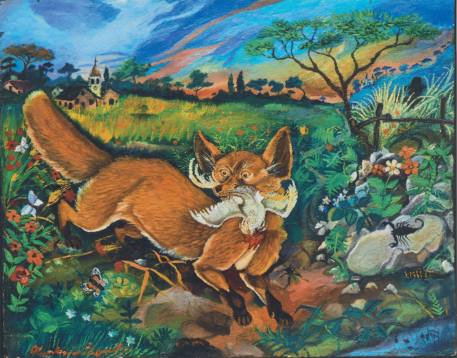 Antonio Ligabue, Volpe in fuga con gallo in bocca (sd. [1943-1944]; olio su tavola di compensato, 55,4 x 69,5 cm; Reggio Emilia, Collezione privata)
