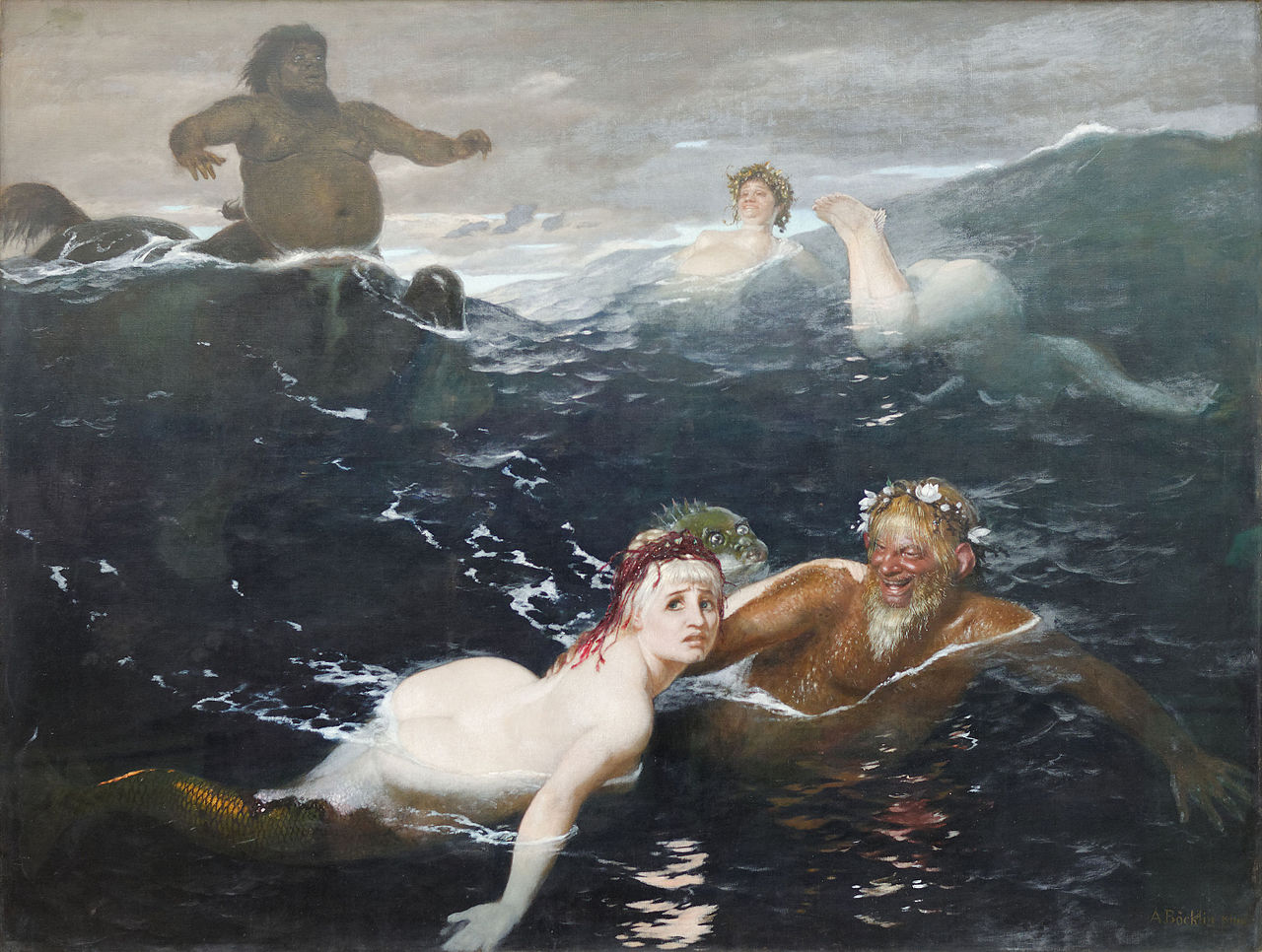 Arnold Böcklin, Giocare tra le onde (1883; olio su tela, 180 x 238 cm; Monaco di Baviera, Neue Pinakothek)
