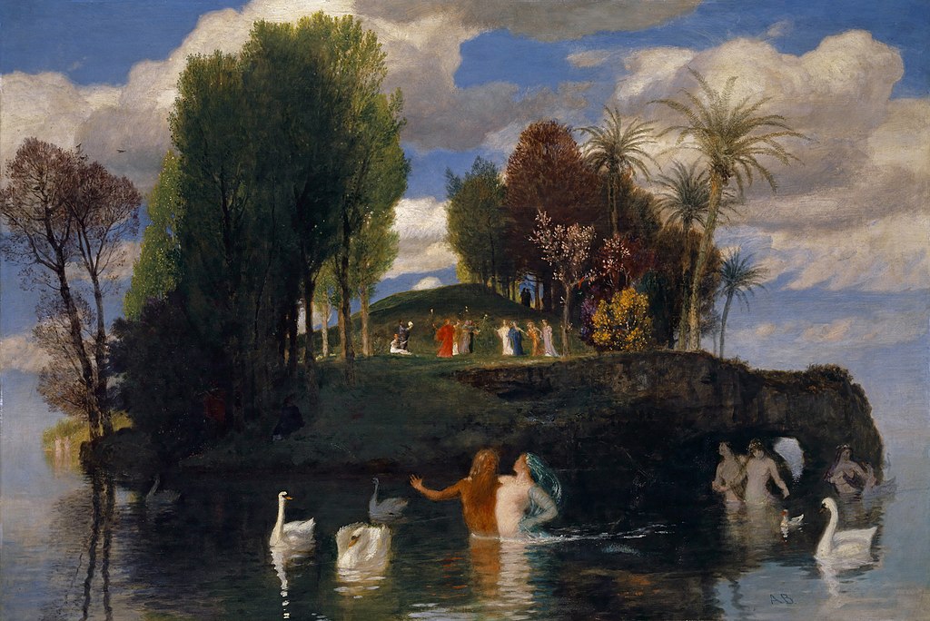 Arnold Böcklin, L'isola dei vivi (1888; olio su tavola, 93,3 x 40,1 cm; Basilea, Kunstmuseum)
