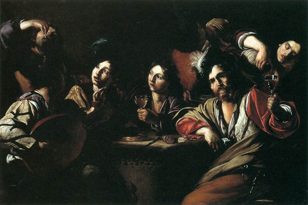 Bartolomeo Manfredi, Scena di una taverna (1620 circa; olio su tela, 130 x 190 cm; Los Angeles, Los Angeles County Museum of Art)
