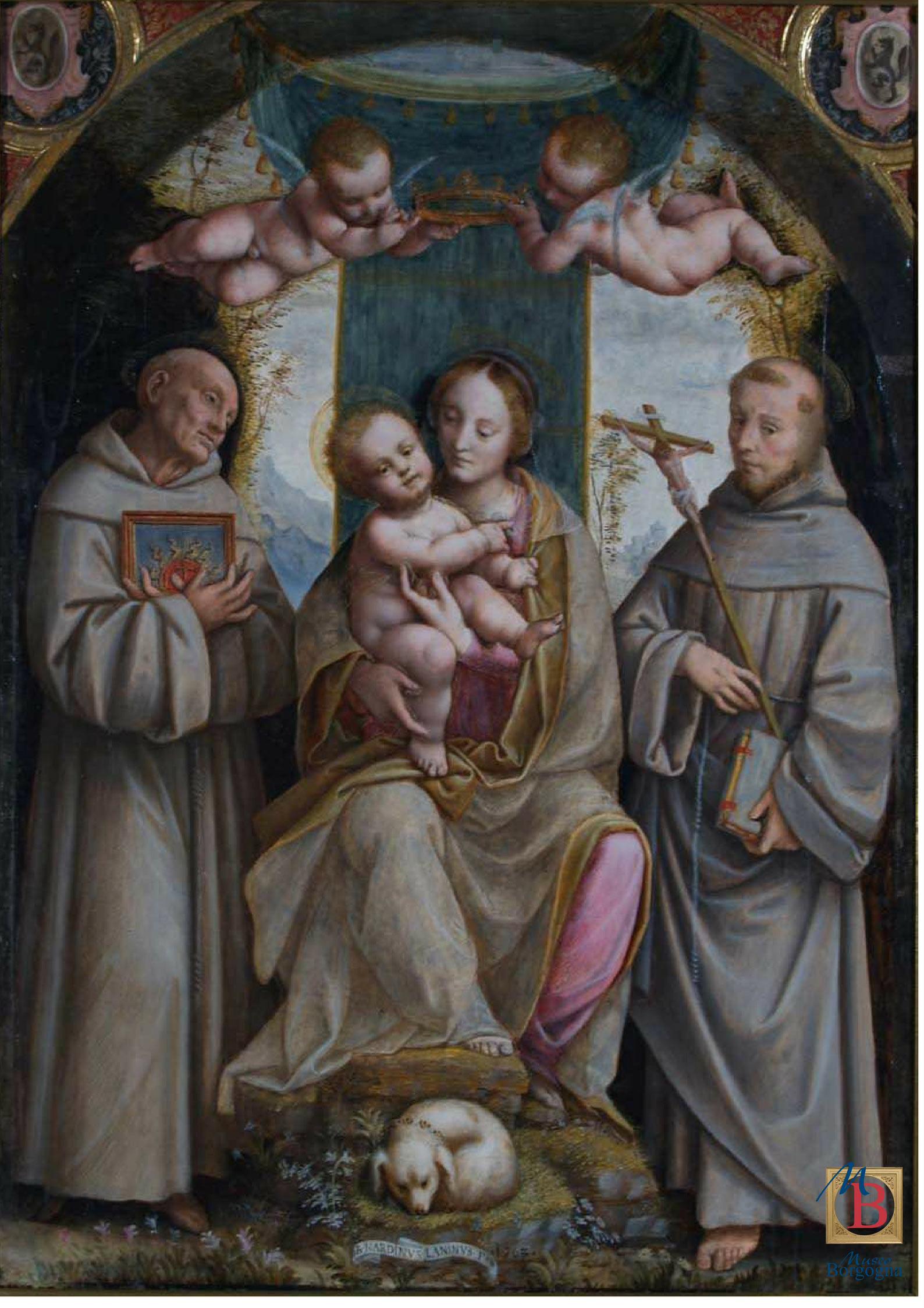 Bernardino Lanino, Madonna mit Kind und den Heiligen Bernardino und Franziskus (Madonna mit dem Hund) (1563; 148 x 109 cm; Vercelli, Museo Borgogna)