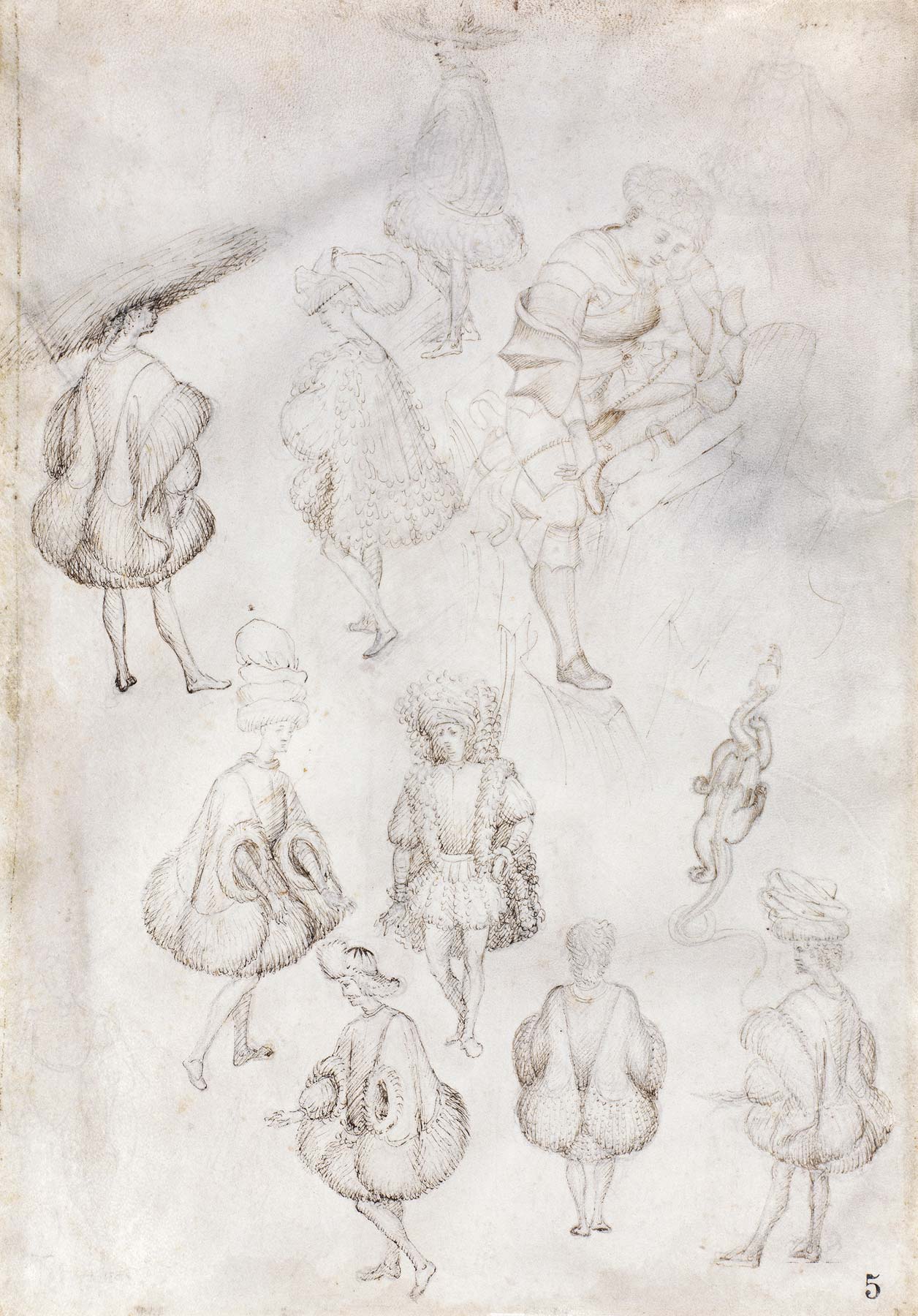 Bottega di Antonio di Puccio detto Pisanello, Studi di figure in abiti contemporanei, un cavaliere seduto su una roccia, un drago (1433 circa; punta metallica e penna su pergamena, 194 x 175 mm; Milano, Biblioteca Ambrosiana) © Veneranda Biblioteca Ambrosiana/Mondadori Portfolio/M.Ranzani
