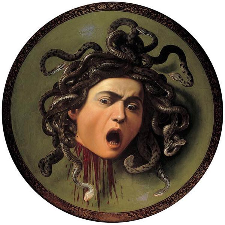 Caravaggio, Testa di Medusa (1598 circa; olio su tela su scudo da parata, 60 x 55 cm; Firenze, Gallerie degli Uffizi)