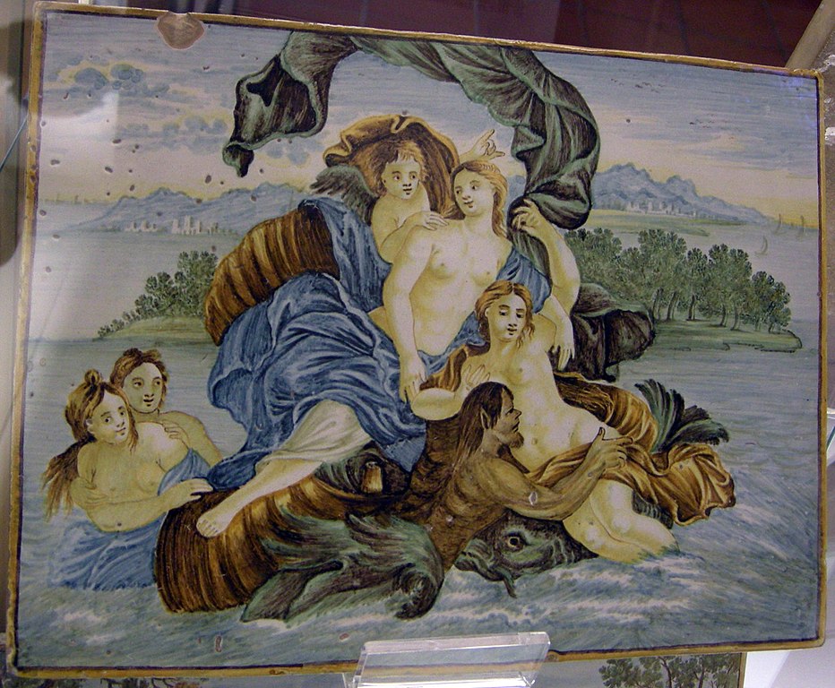 Carmine Gentili, Galatea trasportata in mare da un tritone (XVIII secolo; ceramica; Urbino, Galleria Nazionale delle Marche)