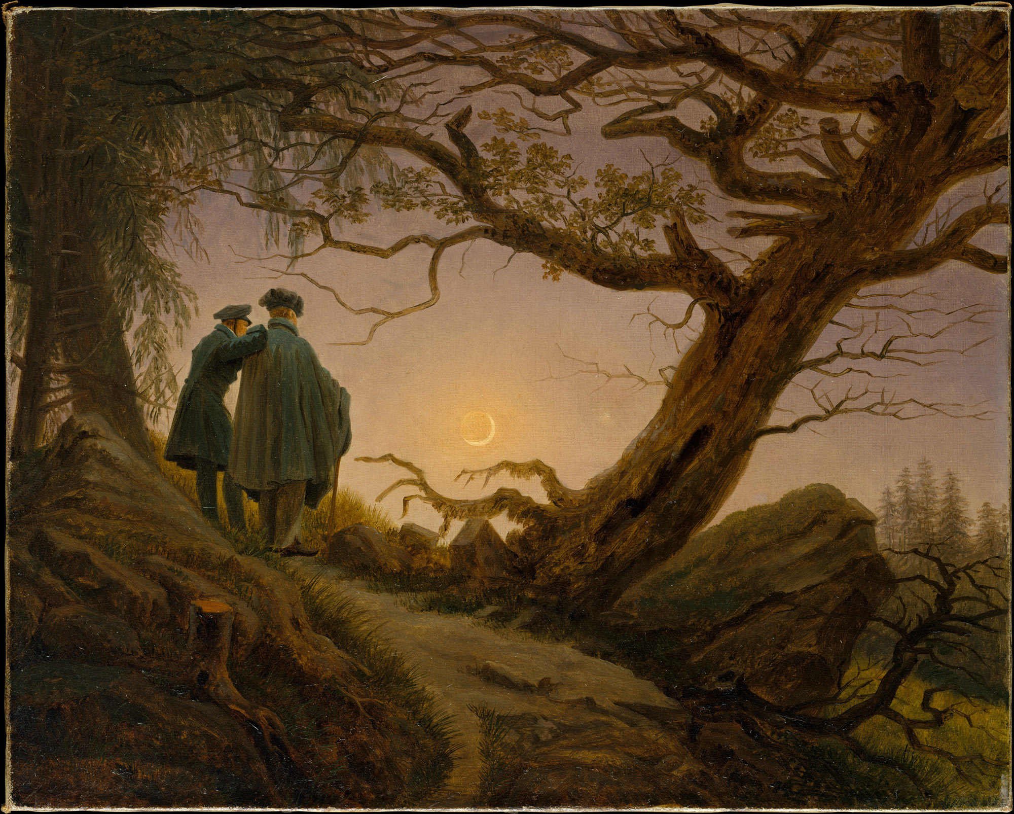 Caspar David Friedrich, Due uomini che contemplano la luna (1819; olio su tela, 34,9 x 43,8 cm; Ne York, The Metropolitan Museum of Art)
