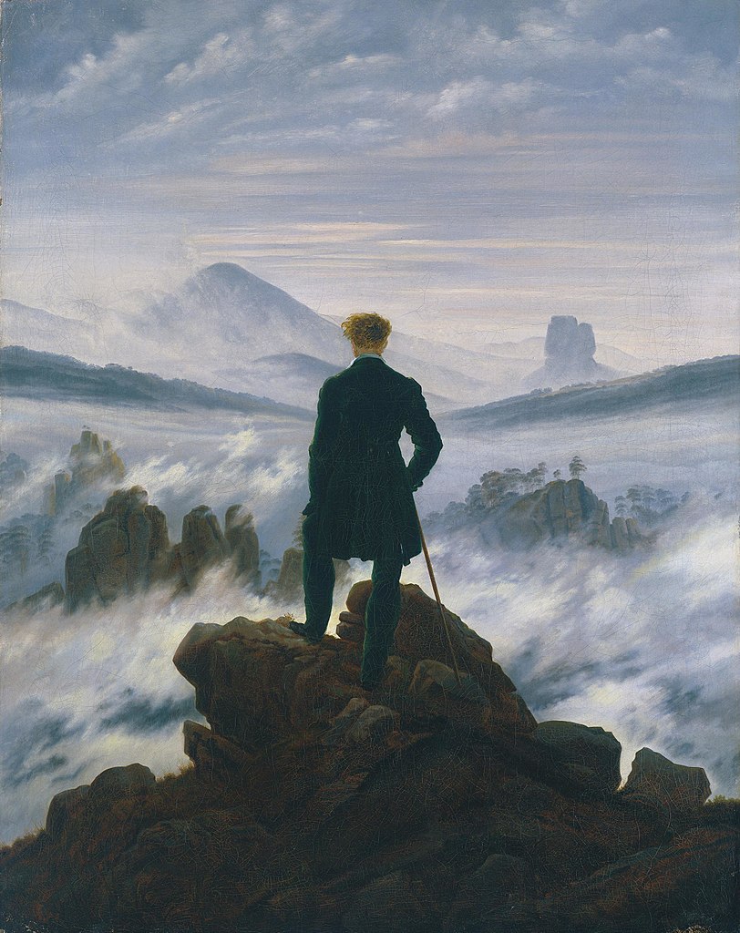 Caspar David Friedrich, Viandante sul mare di nebbia (1818; olio su tela, 95 x 75 cm; Amburgo, Hamburger Kunsthalle)
