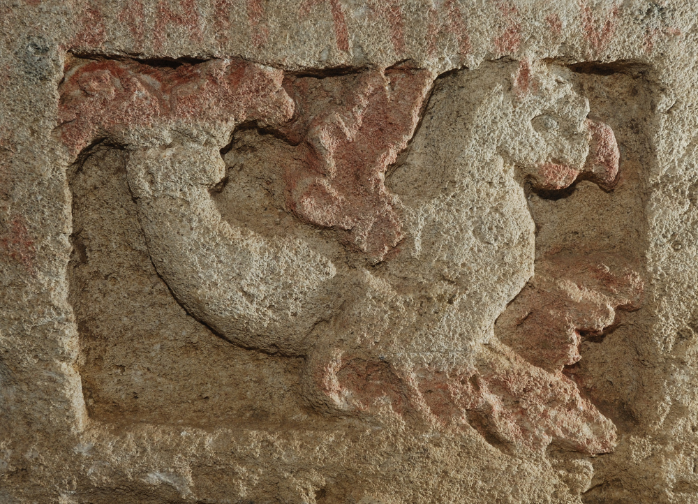 Chest carved with mythological scenes and winged monsters at the Chiusi Underground City Museum