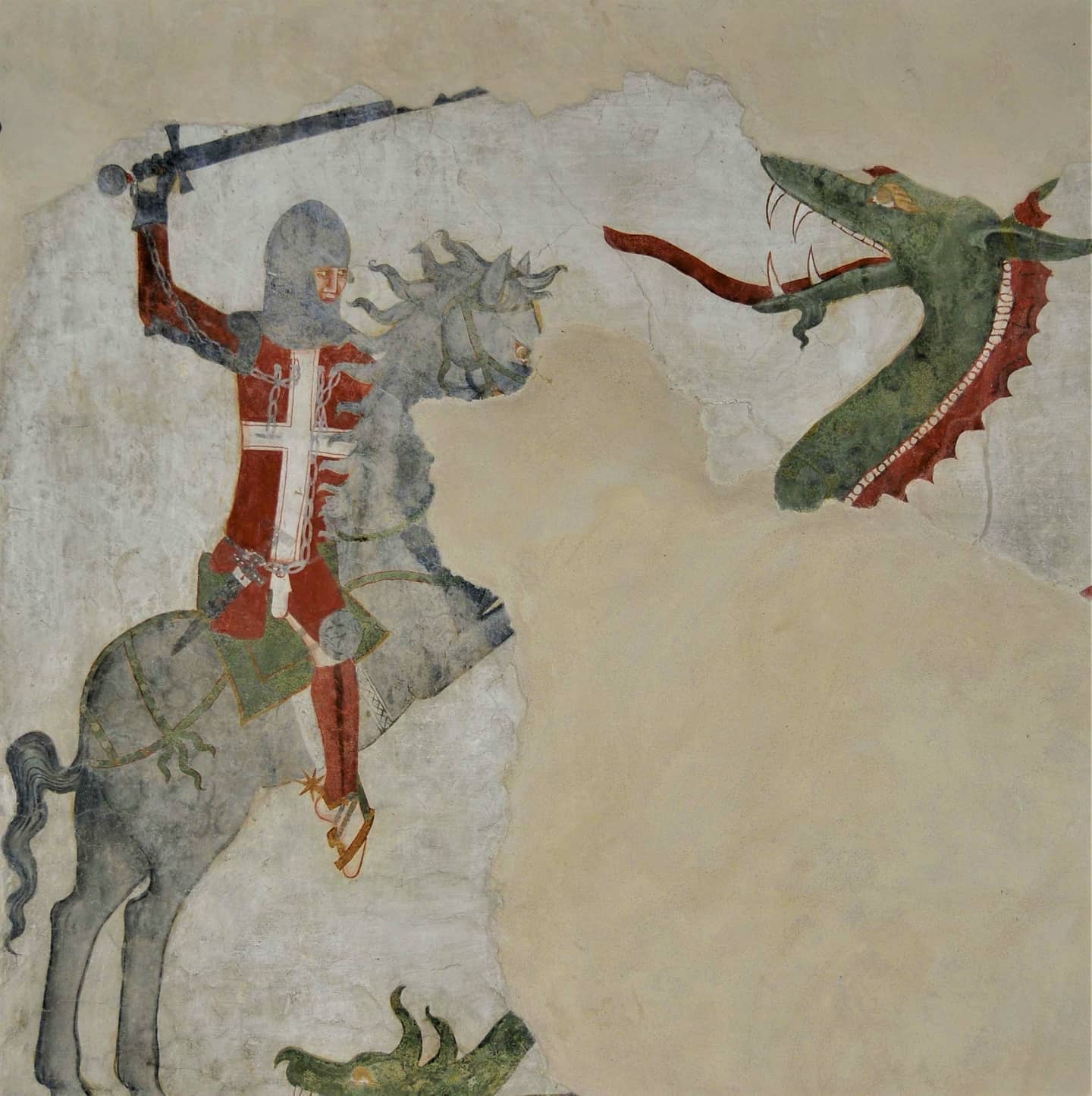 Maestro trentino, Il cavaliere e il drago (metà del XIV secolo; affresco; Avio, Castello di Avio)