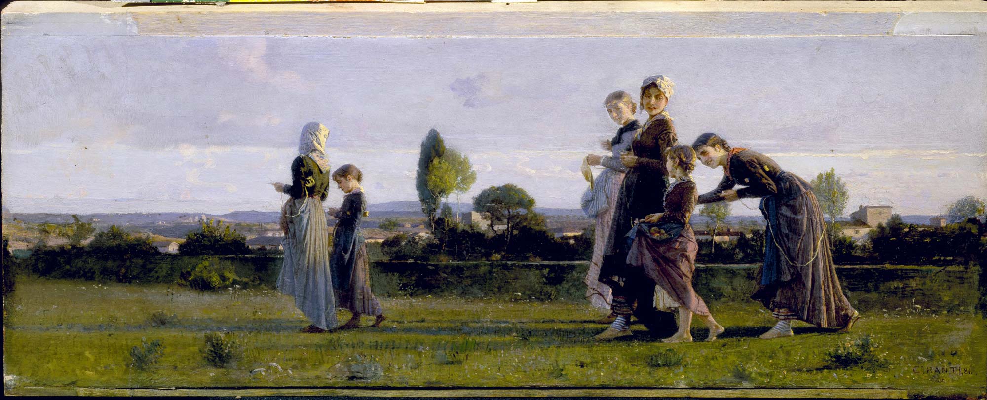 Cristiano Banti, Filatrici di paglia della Valdelsa (1886; olio su tavola, 17x42,5 cm; Collezione privata)
