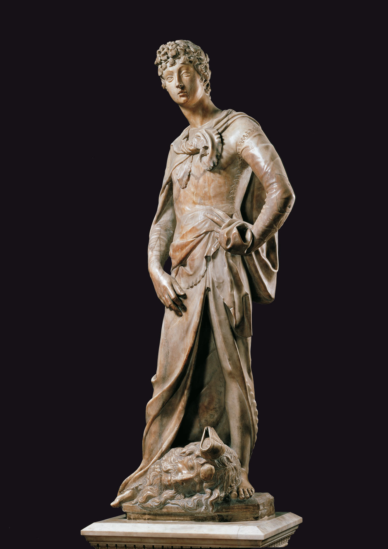 Donatello, Victorious David (1408-1409; marble, 191.5 x 78.5 x 42 cm; Florence, Museo Nazionale del Bargello, inv. Sculpture 2)