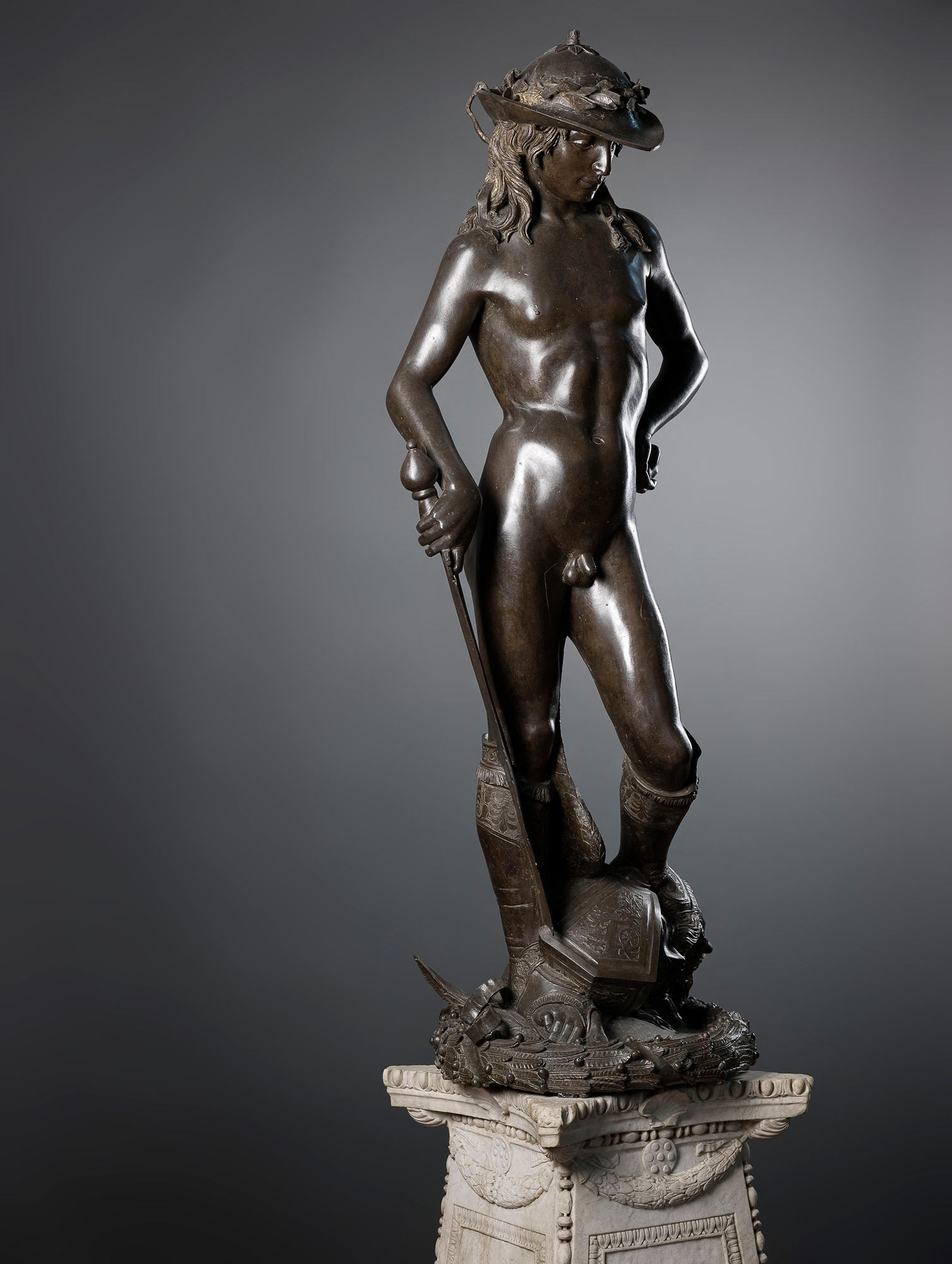 Donatello, Victorious David (c. 1435-1440; bronze with traces of gilding, 155 x 65 x 60 cm; Florence, Museo Nazionale del Bargello, inv. Bronzi 95)