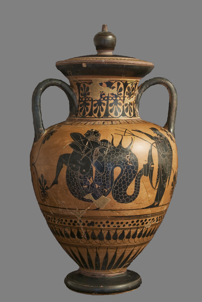 Pittore di Pasikles, Ercole lotta con Tritone (520 a.C. circa; ceramica a figure nere; Siracusa, Museo Archeologico Regionale Paolo Orsi)