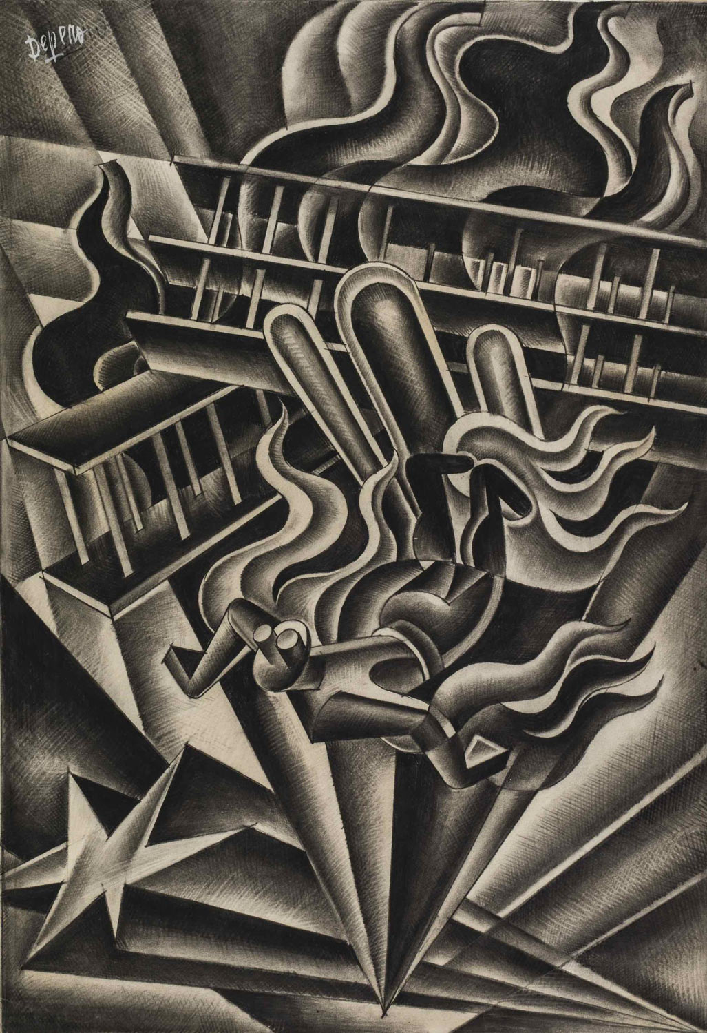 Fortunato Depero, Scontro aereo (1936-1937; carboncino; Rovereto, MART – Museo di arte contemporanea di Trento e Rovereto, Fondo Depero)

