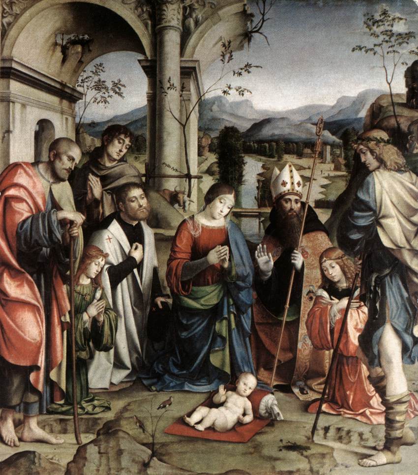 Francesco Francia, Adorazione del Bambino (1498-1499; olio su tavola, 234 x 193 cm; Bologna, Pinacoteca Nazionale)

