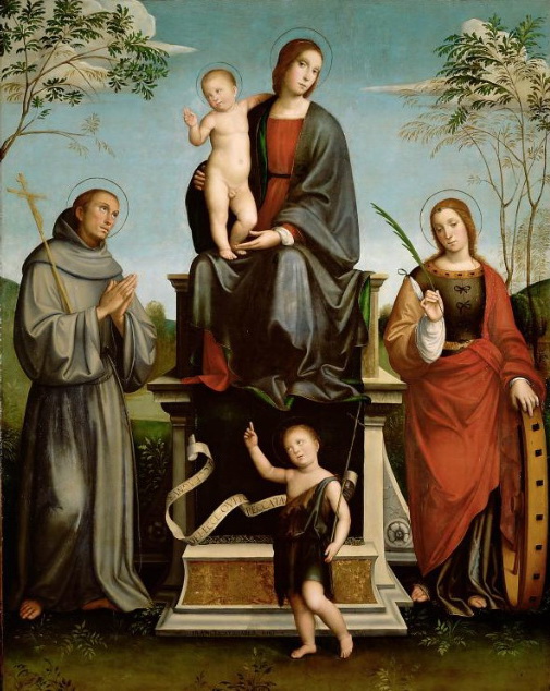 Francesco Francia, Madonna con Bambino tra i santi Francesco e Caterina d'Alessandria (1504 circa; tempera su tavola, 196 x 154,5 cm; Vienna, Kunsthistorisches Museum)
