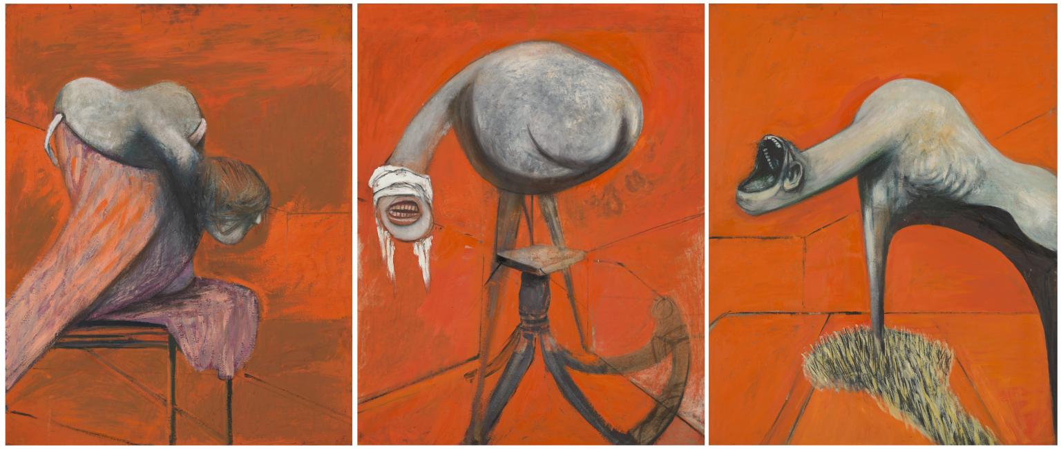 Francis Bacon, Three Studies for Figures at the Base of a Crucifixion (1944; olio su tela, tre pannelli da 116,2 x 96 cm ciascuno; Londra, Tate Britain)
