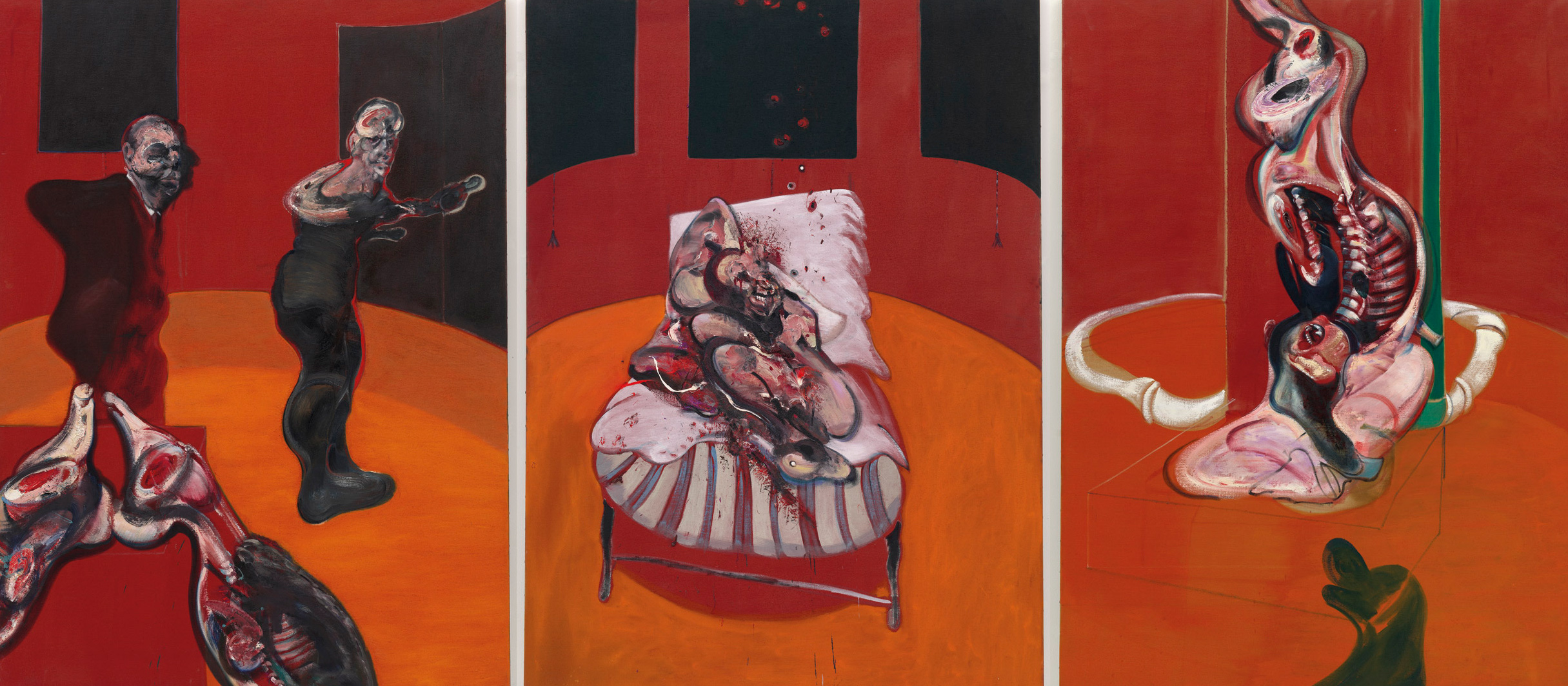 Francis Bacon, Three Studies for a Crucifixion (1962; olio su tela, tre pannelli da 198,1 x 144,8 cm ciascuno; Bilbao, Guggenheim Museum)
