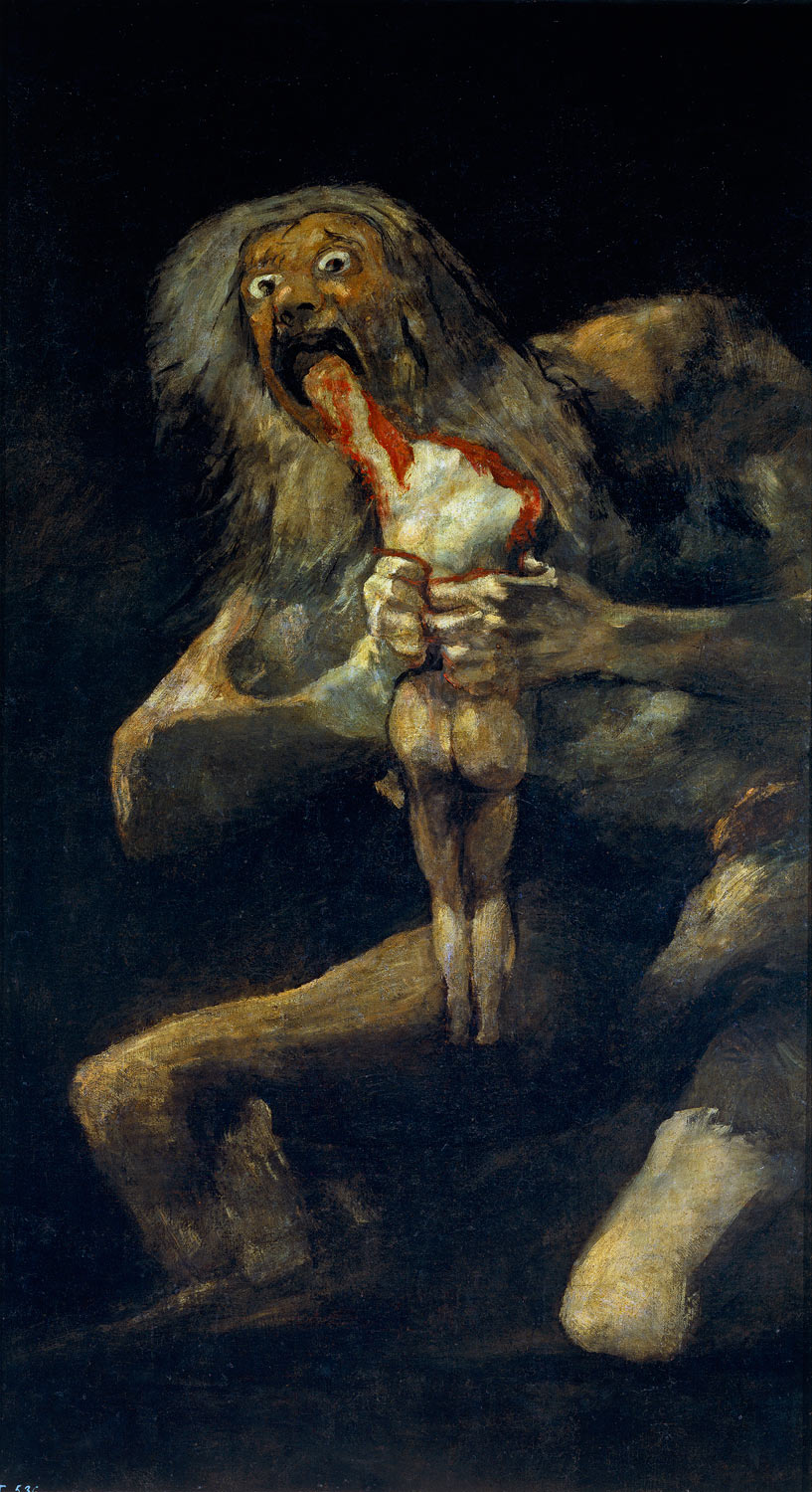 Francisco Goya, Saturno divora i suoi figli (1821-1823; olio su muro trasportato su tela, 146 x 83 cm; Madrid, Museo del Prado)
