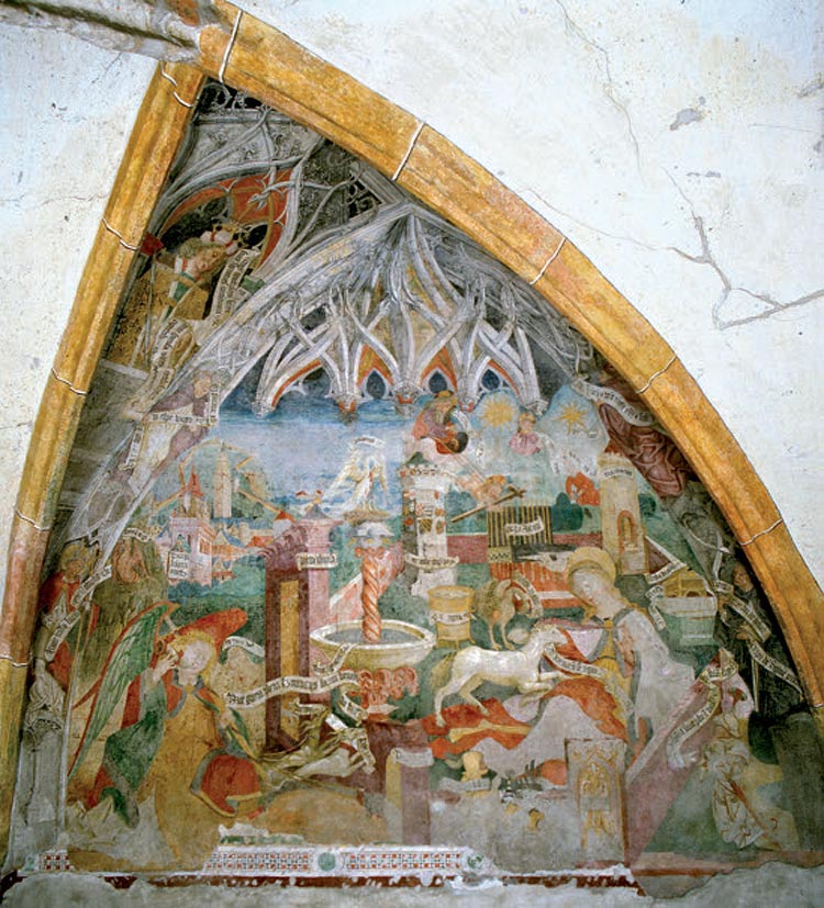 Friedrich Pacher, La caccia all'unicorno (1496 circa; affresco; Bolzano, Chiesa dei Domenicani)